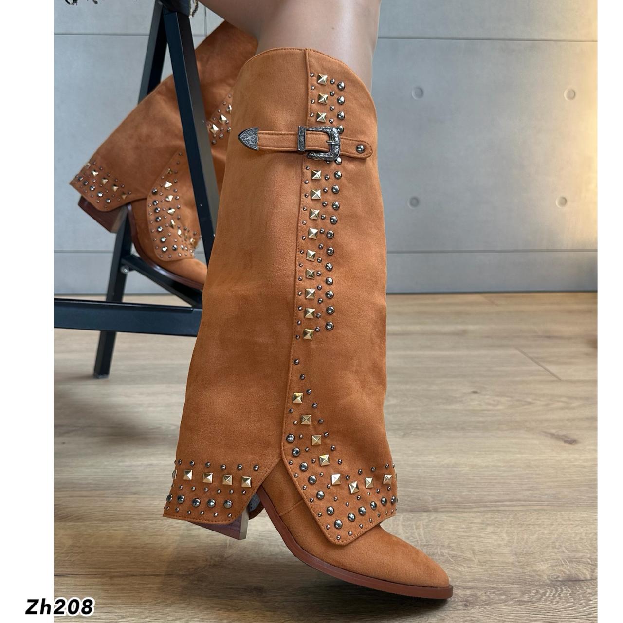 Bota texana café doblez apliques dorado plomo tacon 8cm HX3083-C1180